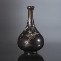 A Finely-Decorated Japanese Mixed Metals Inlaid "Pheasant and Flowers" Patinated Bronze Vase, Yamamoto Koken, Meiji Period