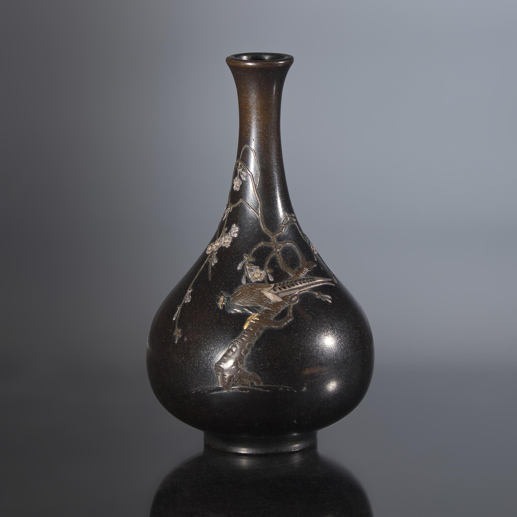 A Finely-Decorated Japanese Mixed Metals Inlaid "Pheasant and Flowers" Patinated Bronze Vase, Yamamoto Koken, Meiji Period