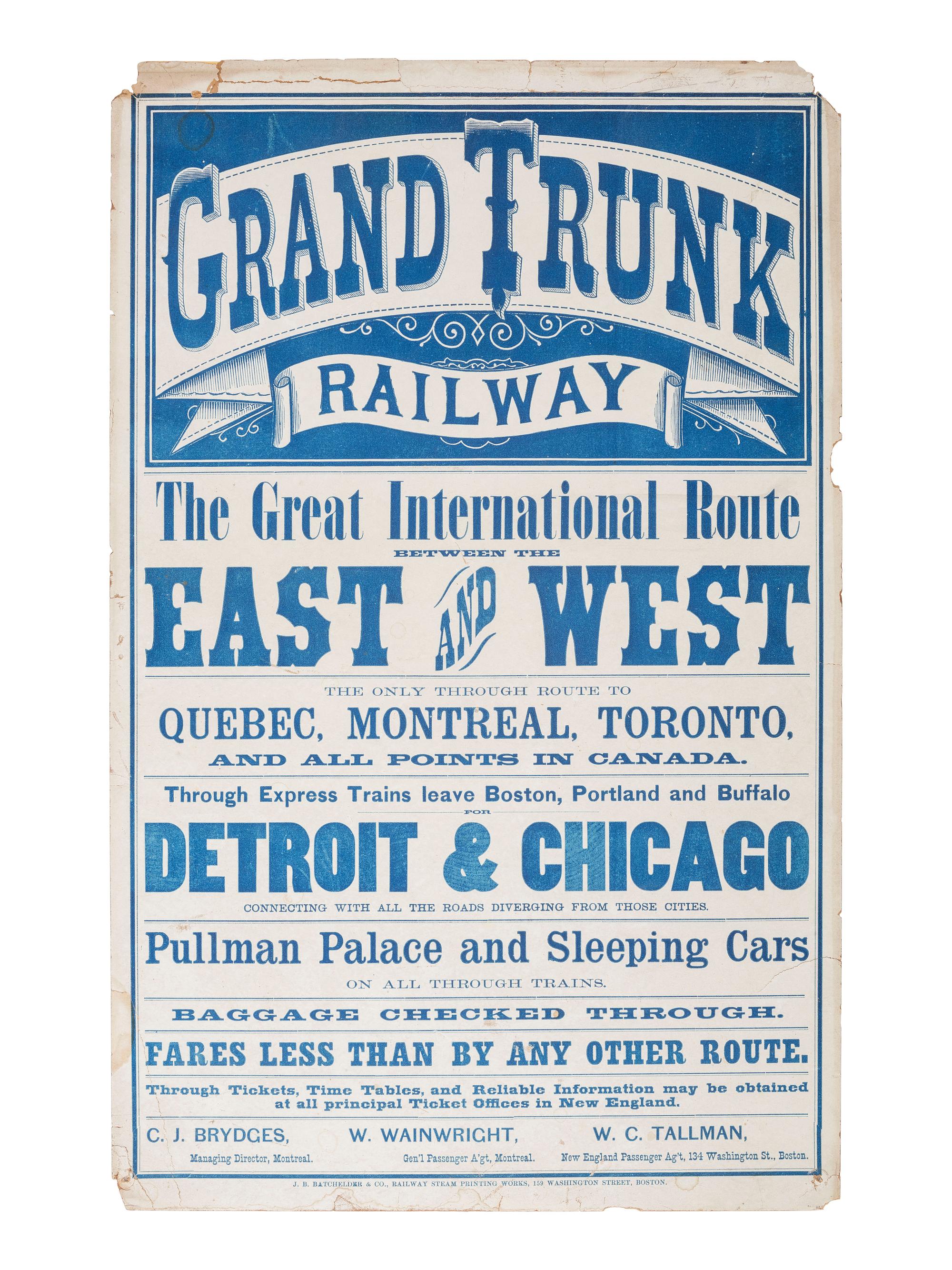 [TRANSPORTATION - RAILROAD]. Grand Trunk Railway . Boston: J.B., Batchelder & Co., Railway Steam Printing Works, n.d.