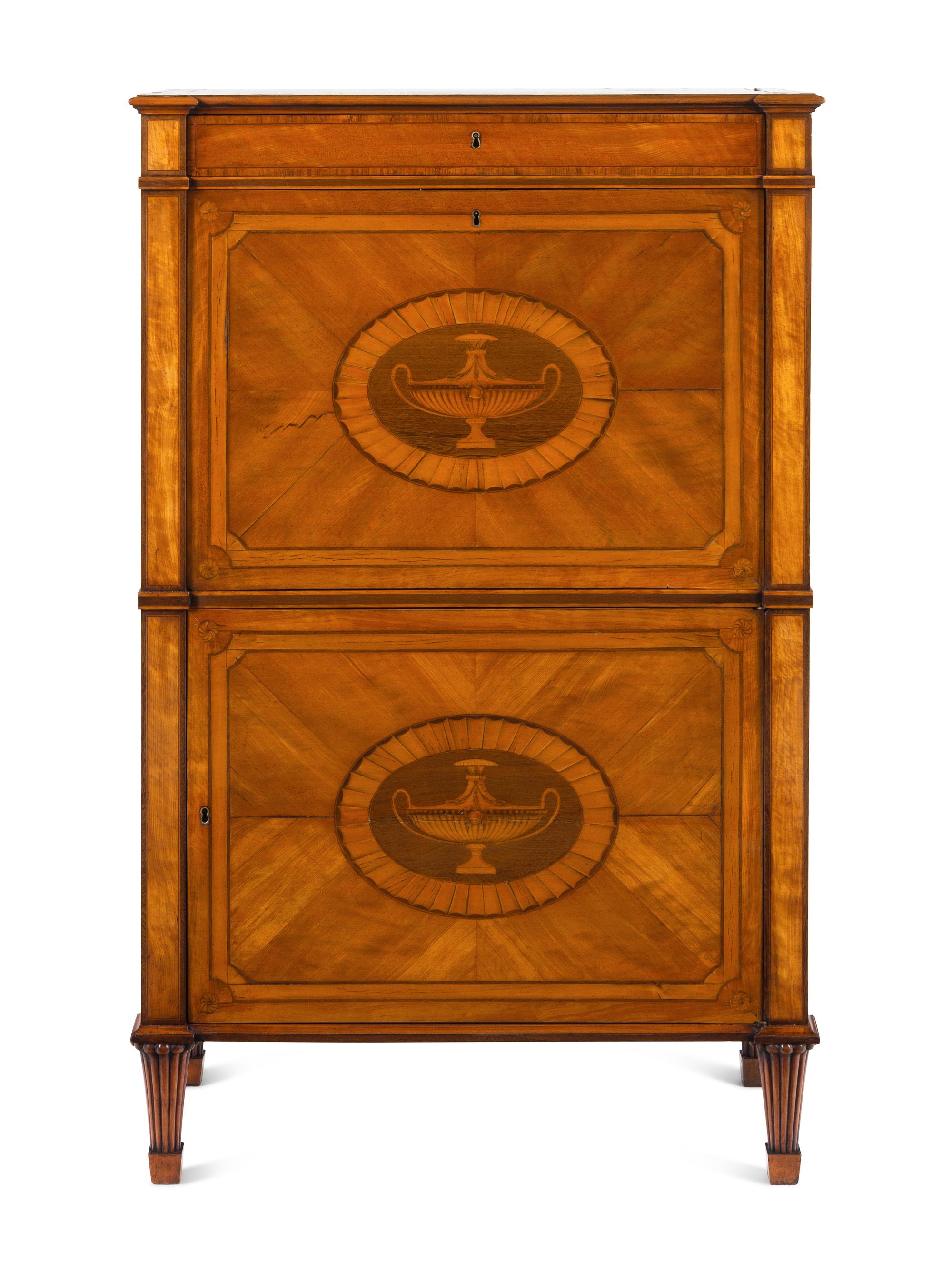 A George III Satinwood, Tulipwood and Amaranth Marquetry Fall-Front Secrétaire
