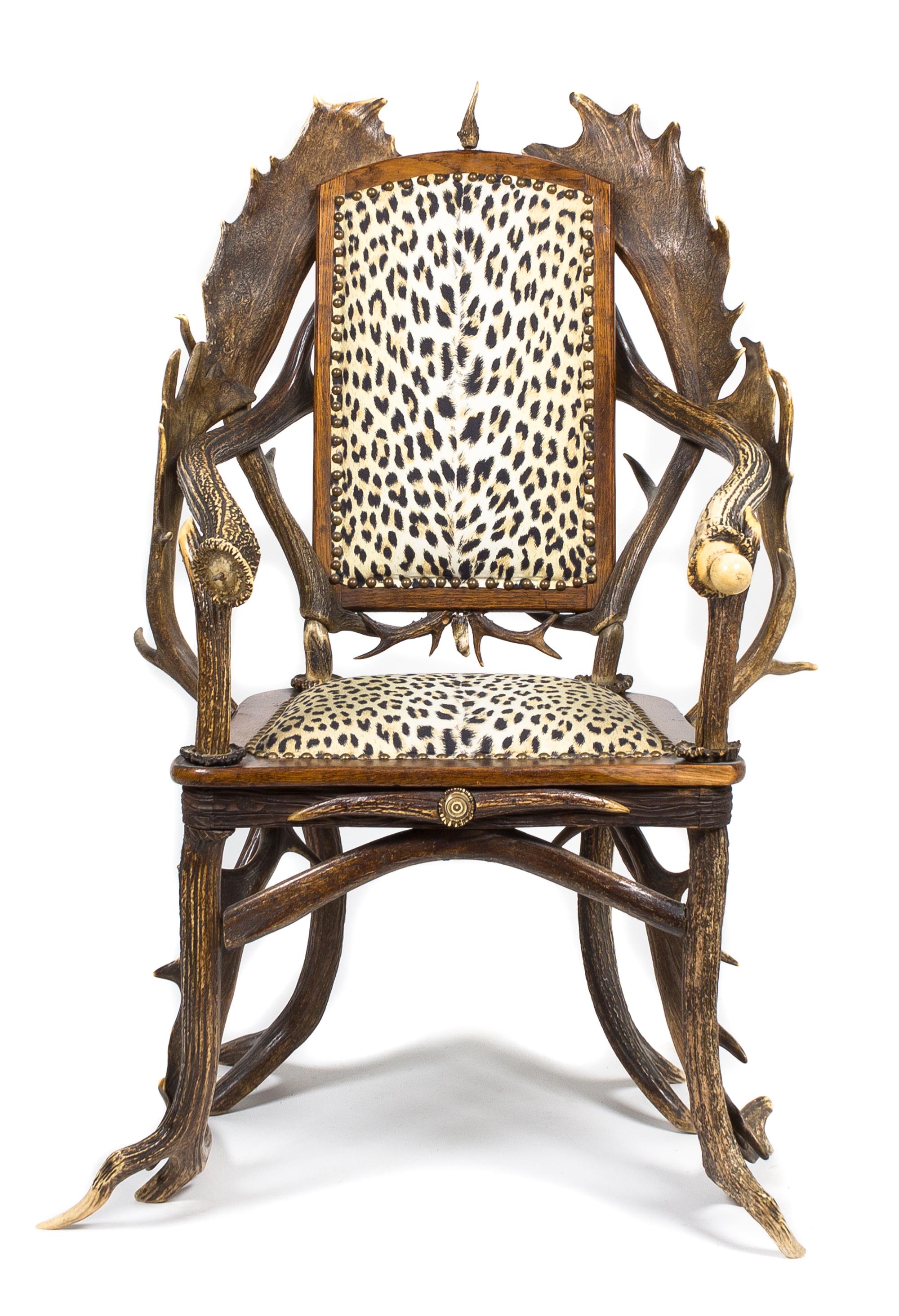 A Continental Oak Antler and Horn Arm Chair Height 42 inches. — CIRCA 1900