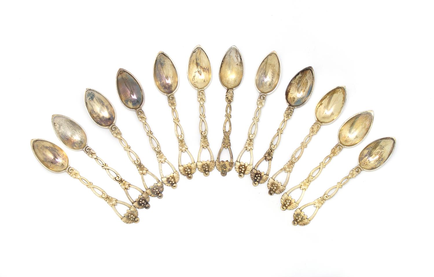 A Set of Twelve Continental Silver Demitasse Spoons, Length 4 5/8 inches.