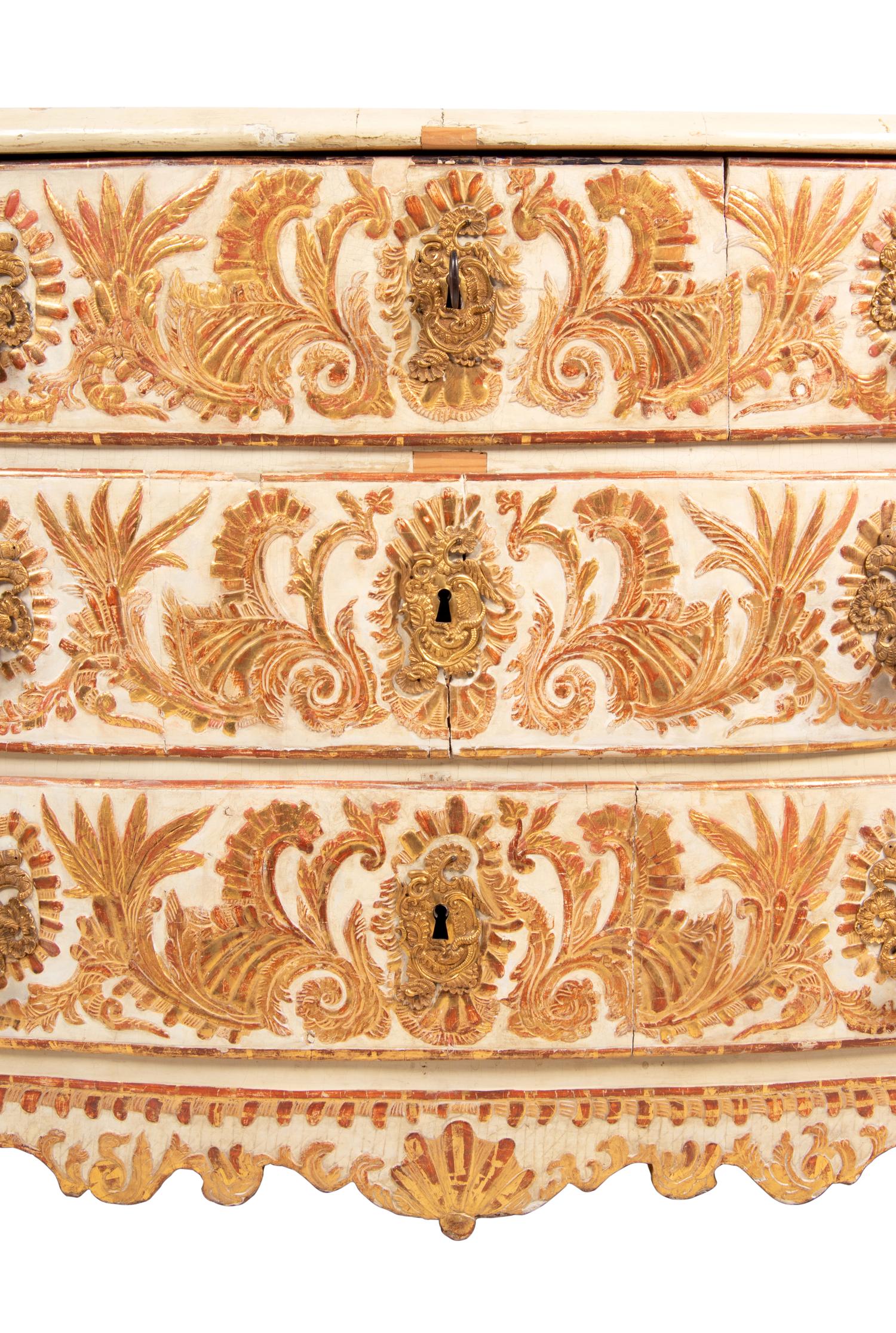 A Portuguese Baroque Gilt Bronze Mounted Painted and Parcel Gilt Commode