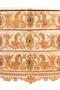 A Portuguese Baroque Gilt Bronze Mounted Painted and Parcel Gilt Commode