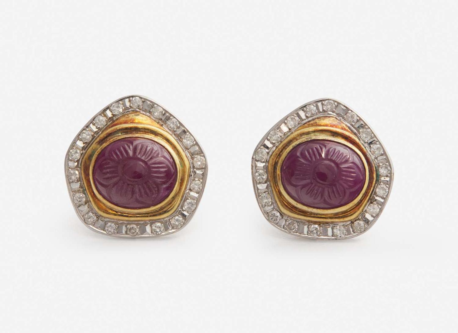 A Pair of Carved Ruby and Diamond Ear Clips