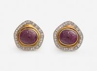 A Pair of Carved Ruby and Diamond Ear Clips