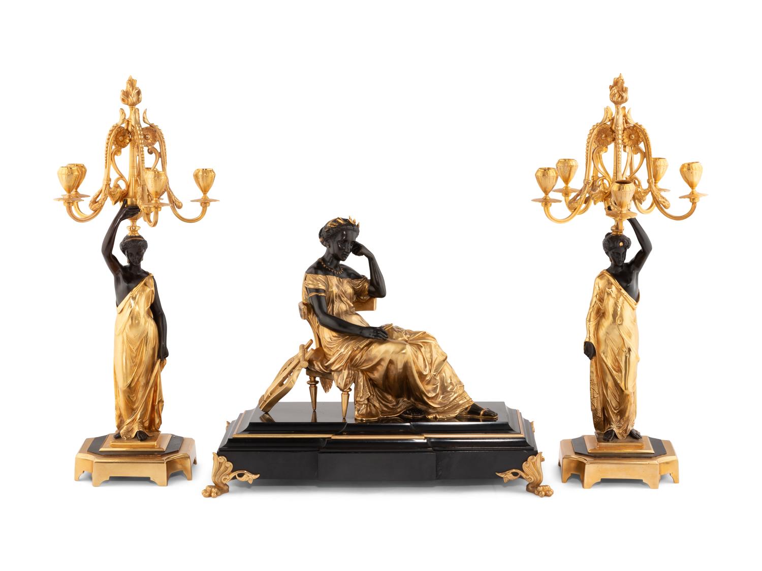 A Gilt and Patinated Bronze Figural Garniture after Jean Jules Salmson
