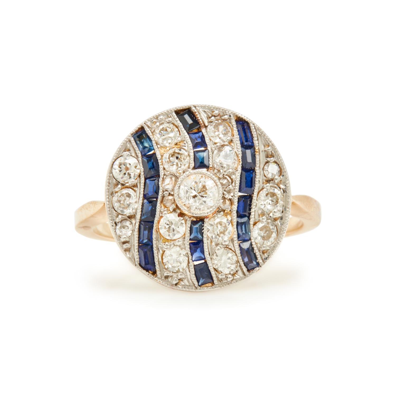 BICOLOR GOLD, DIAMOND, AND SYNTHETIC SAPPHIRE RING