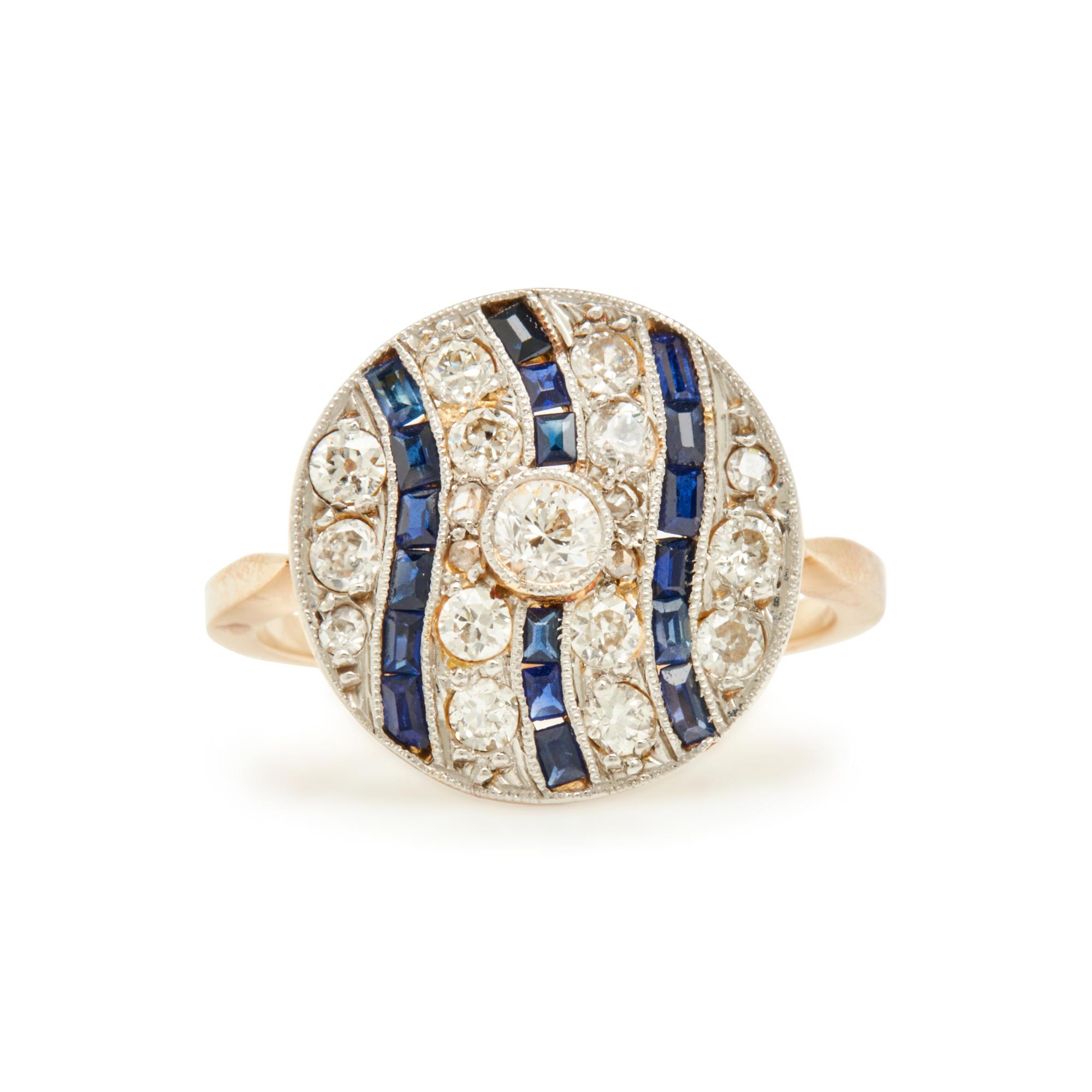 BICOLOR GOLD, DIAMOND, AND SYNTHETIC SAPPHIRE RING
