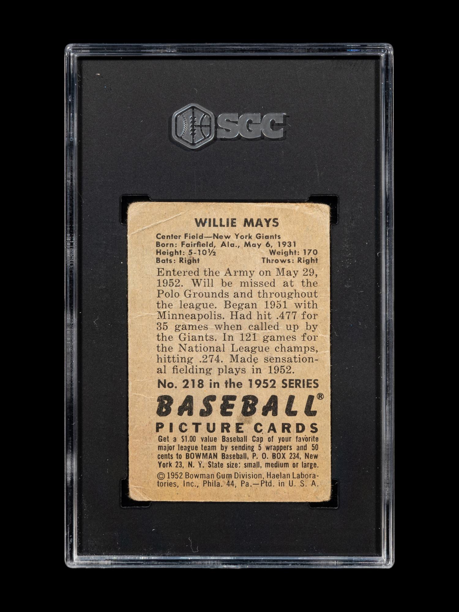A 1952 Bowman Willie Mays Baseball Card No. 218 (SGC 1)