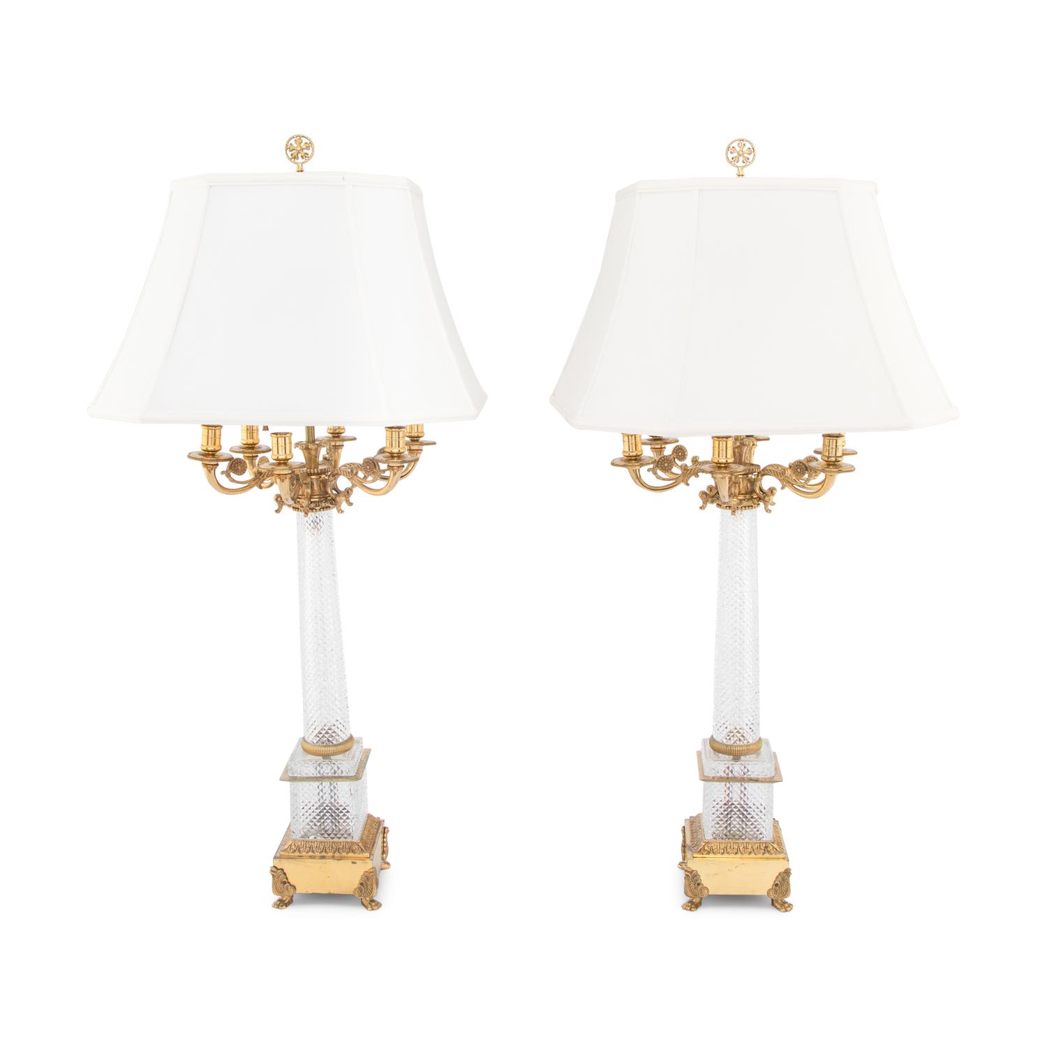 A Pair of French Gilt-Bronze and Cut Glass Table Lamps