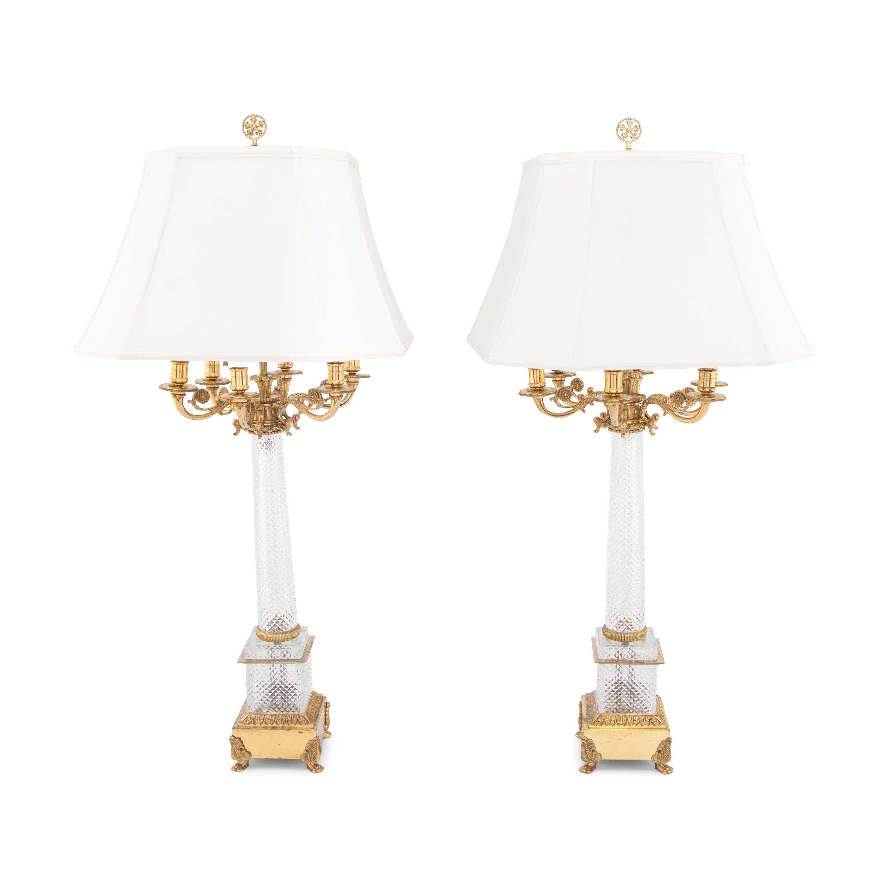 A Pair of French Gilt-Bronze and Cut Glass Table Lamps