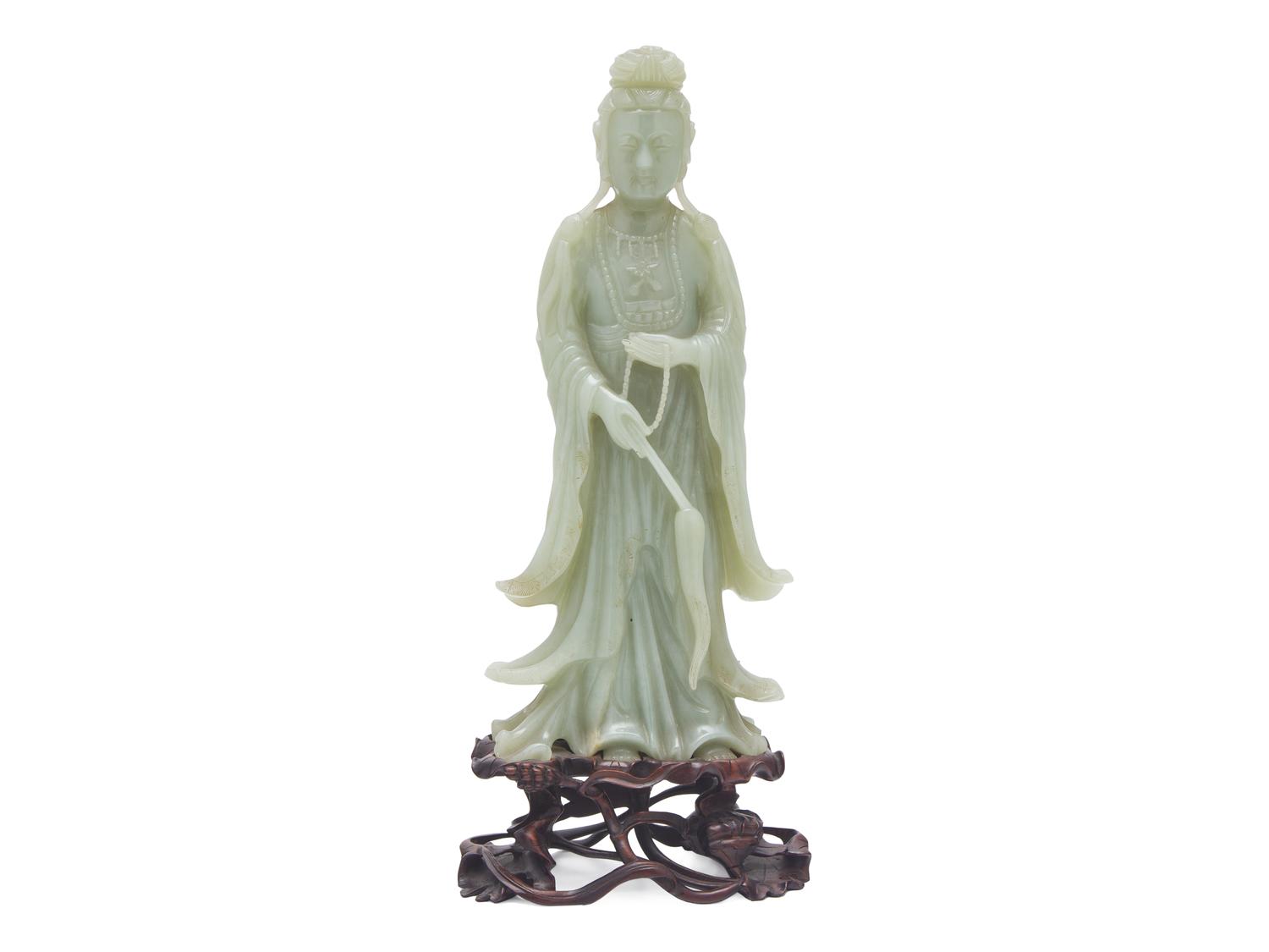 A Chinese Celadon Jade Figure of a Meiren