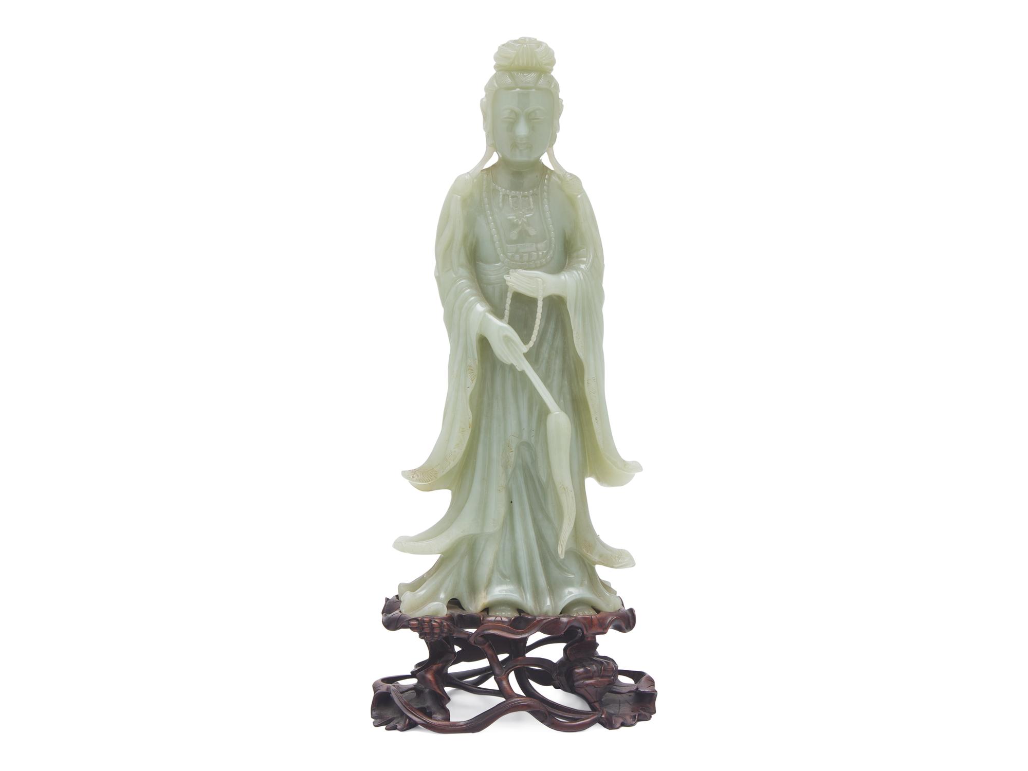 A Chinese Celadon Jade Figure of a Meiren