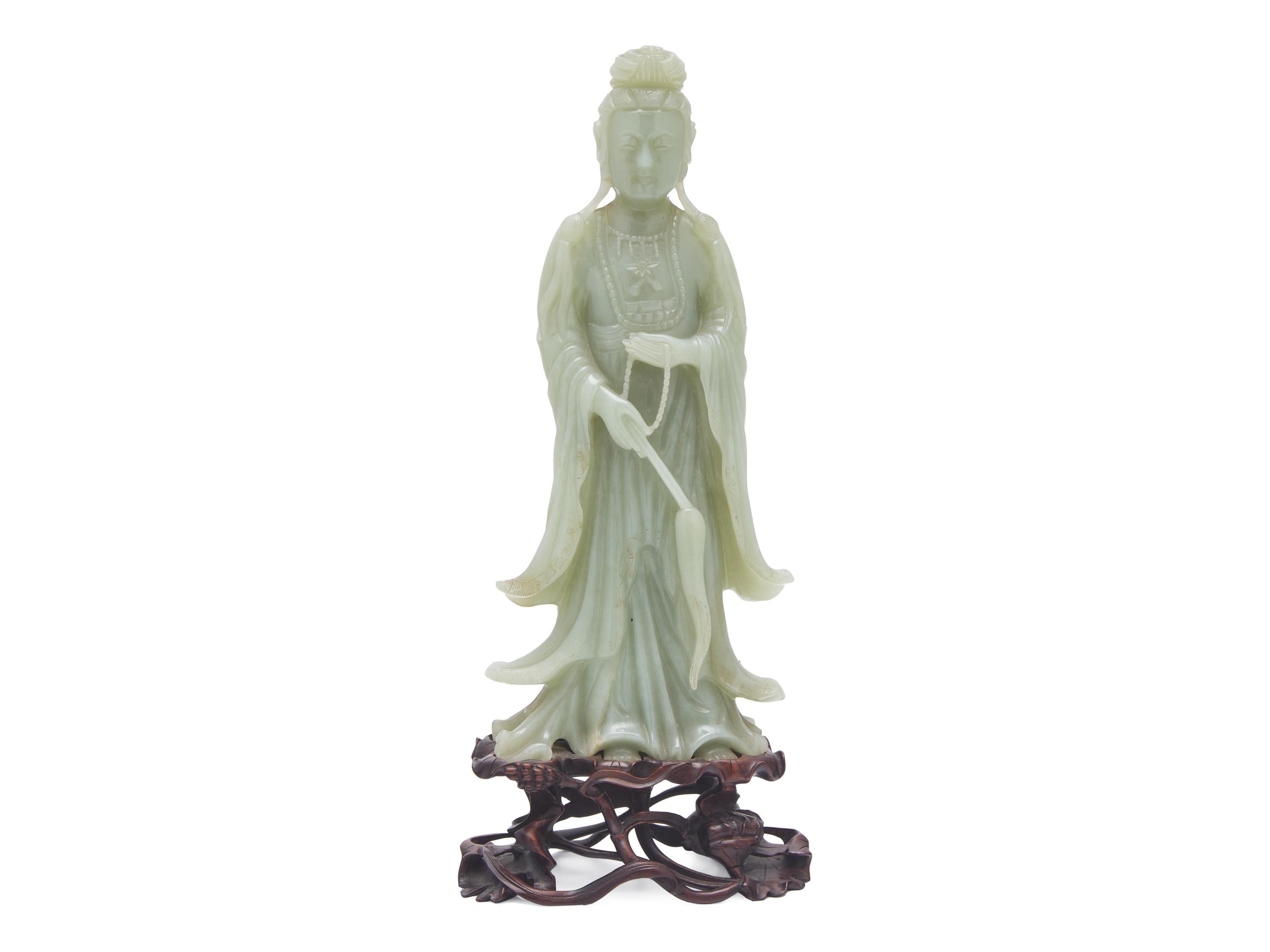 A Chinese Celadon Jade Figure of a Meiren