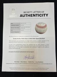 A Nolan Ryan, Sandy Koufax and Bob Feller No Hit Kings Signed Autograph Baseball (Beckett Authentication Services Letter)