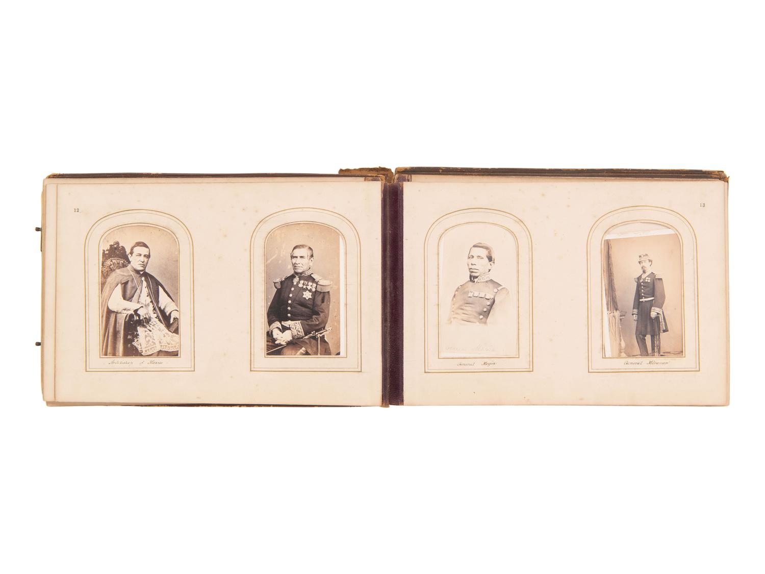 [EARLY PHOTOGRAPHY]. CDV album containing photographs of Mexican and European royalty, generals, and government officials, incl. Benito Juárez and his family.