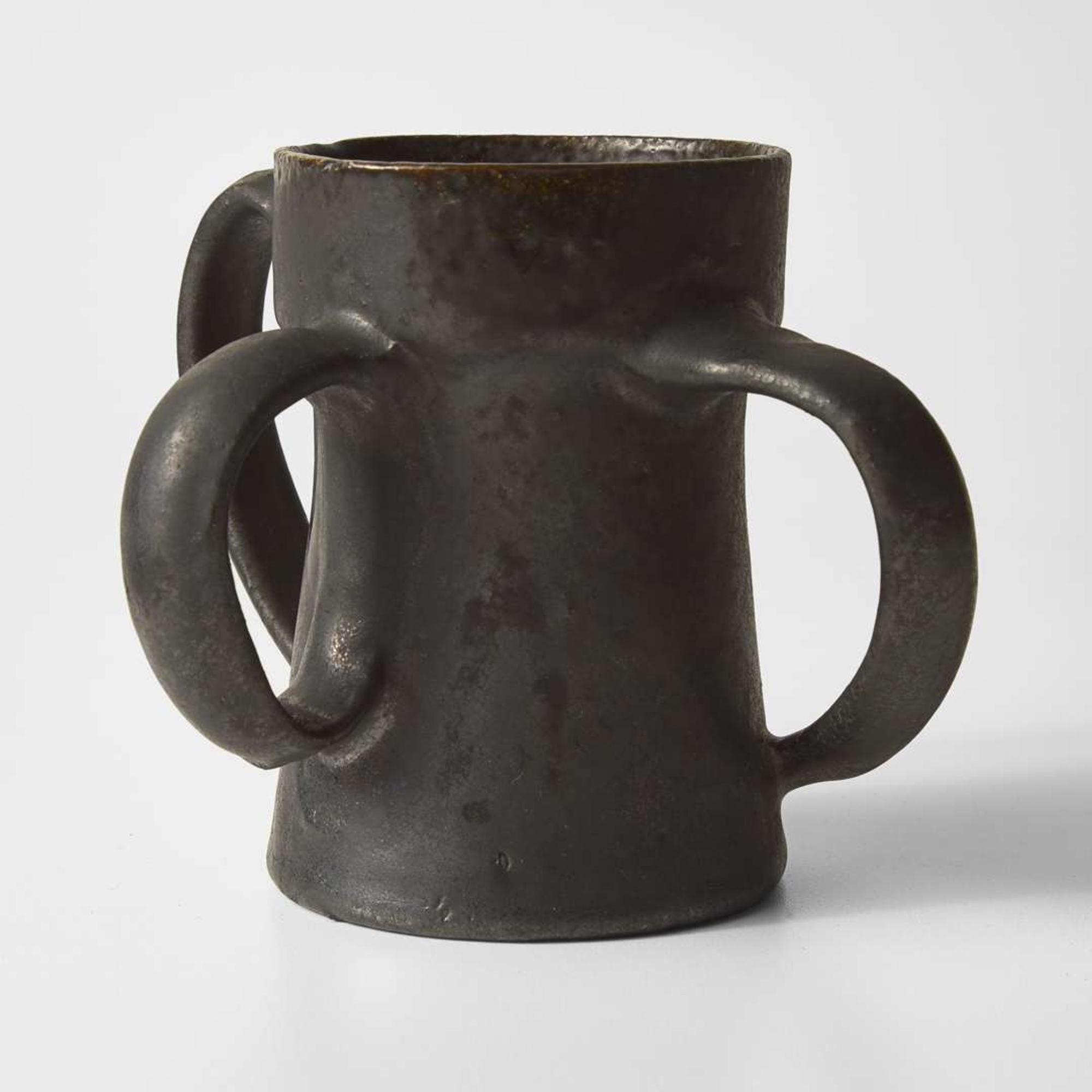 George Ohr (American, 1857-1918) Three-Handled Mug in Matte Gunmetal Glaze with Streaky Olive Interior, Biloxi, Mississippi, USA, circa 1898-1910