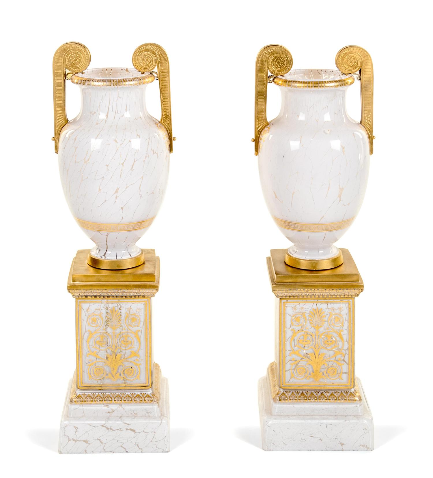 A Pair of Large Empire Style Gilt Decorated Glass Urns on Stands