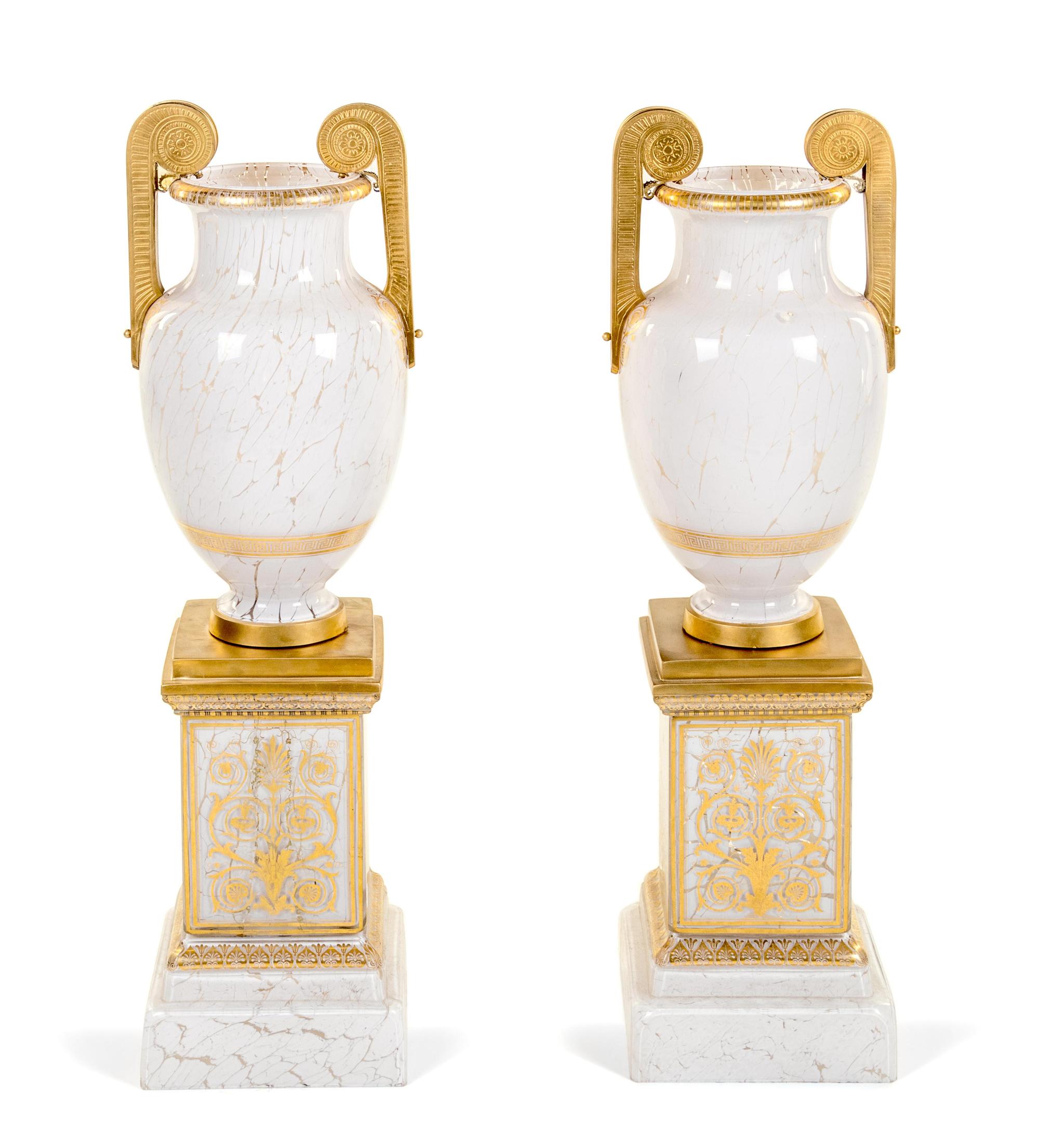 A Pair of Large Empire Style Gilt Decorated Glass Urns on Stands