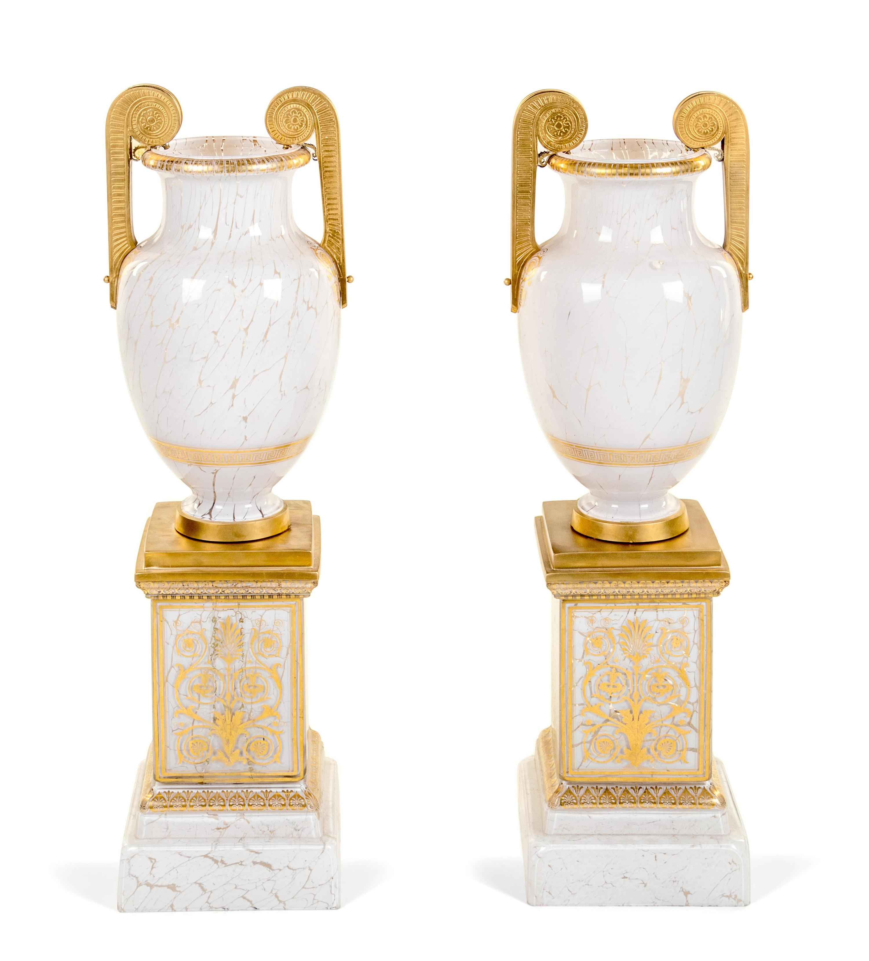 A Pair of Large Empire Style Gilt Decorated Glass Urns on Stands
