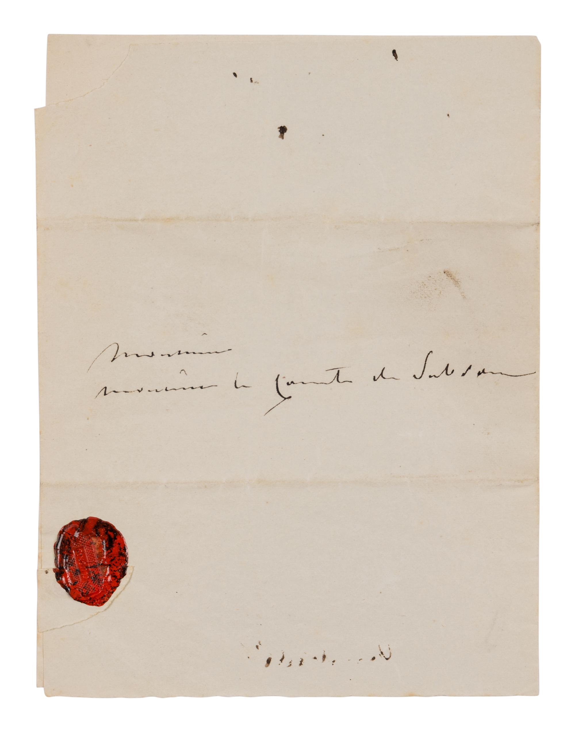 [ENGLISH & CONTINENTAL MANUSCRIPTS]. RECAMIER, Juliette (1777-1849). Autograph letter signed (with initials, "J.R.") to Elzear Louis Zozime, Duke of Sabran, undated.