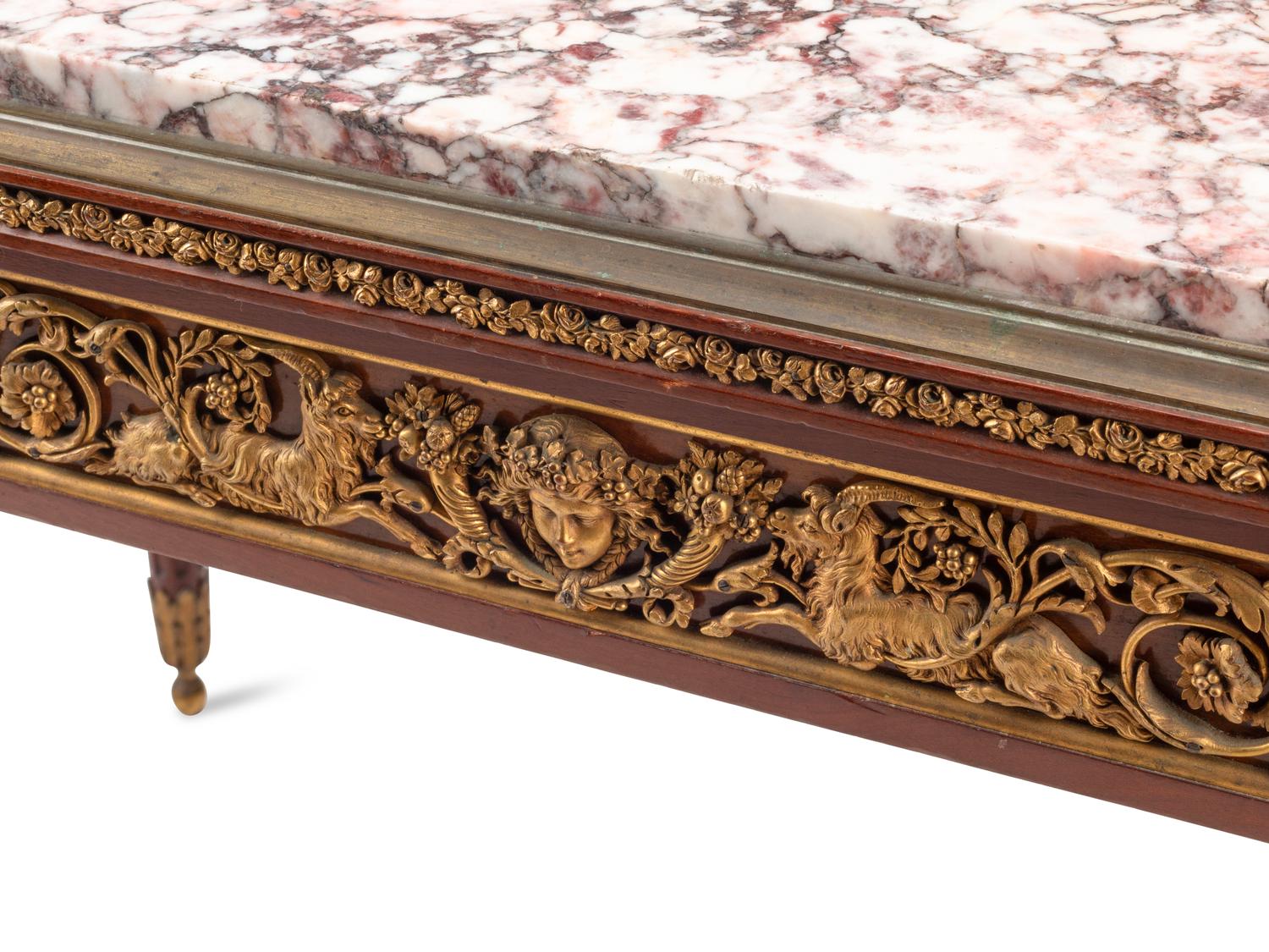 A Louis XVI Style Gilt Bronze Mounted Mahogany Marble-Top Table