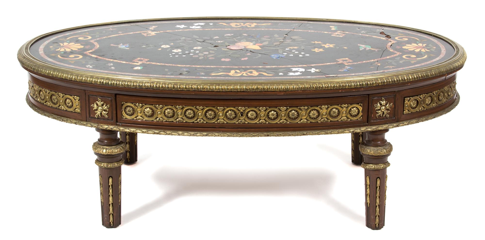 A Louis XVI Style Italian Pietra Dura Table Height 19 x width 52 x depth 31 inches