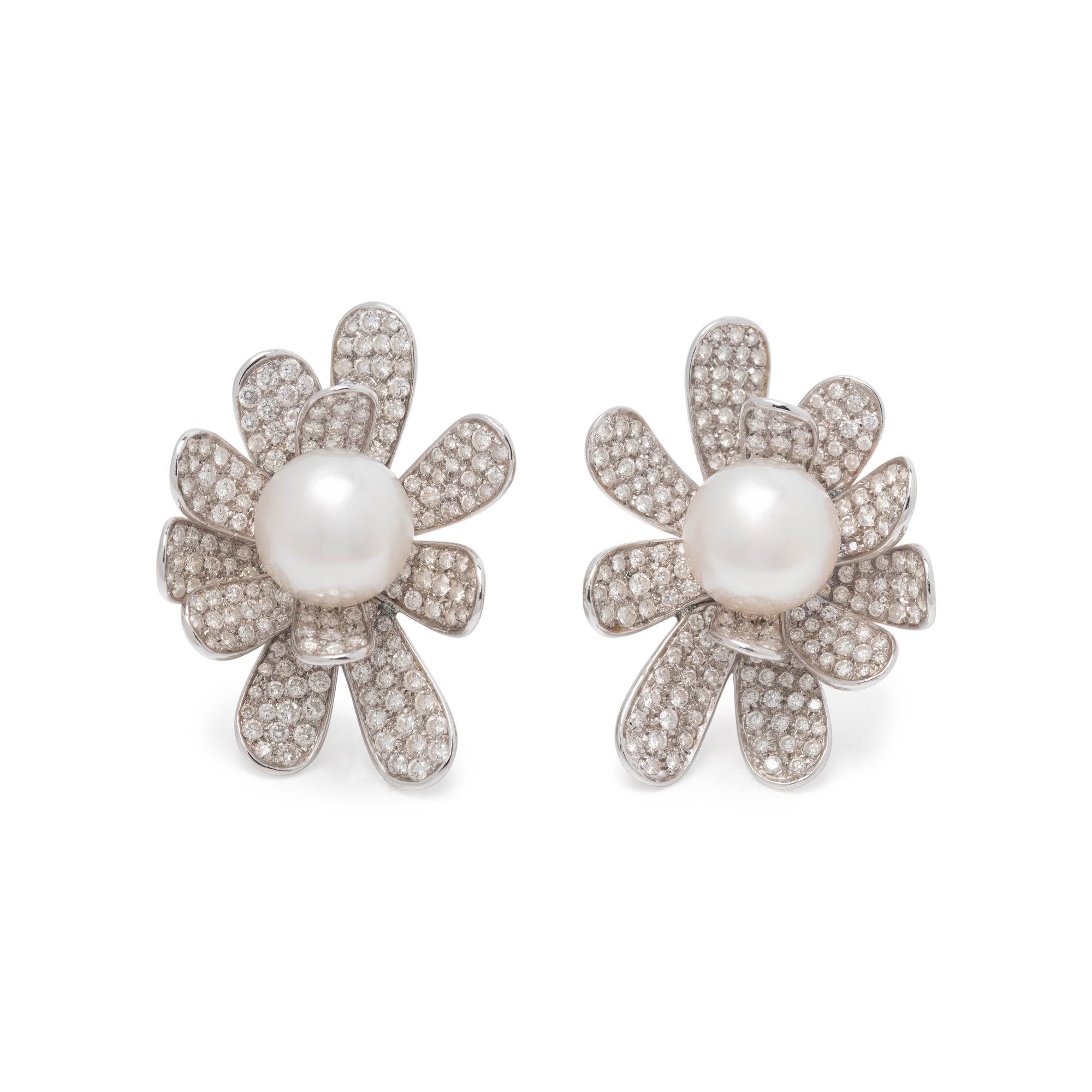 ROBERTO LEGNAZZI, CULTURED SOUTH SEA PEARL AND DIAMOND FLOWER EARCLIPS