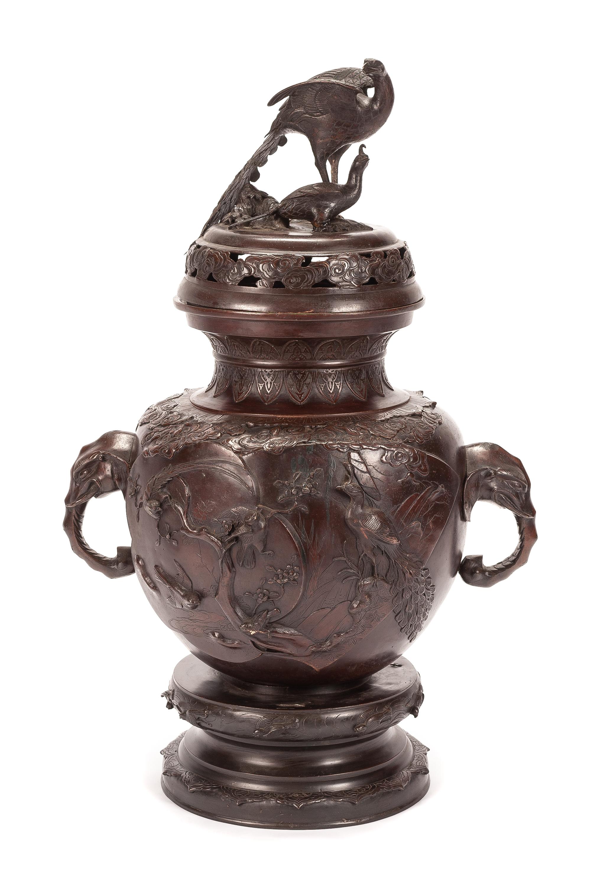 A Japanese Bronze Covered Censer Height 39 x width 25 inches.
