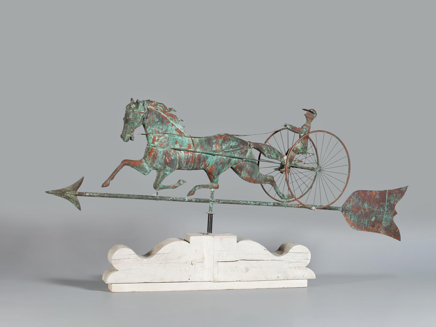 A Molded Copper and Cast Zinc Trotting Horse and Sulky Weathervane