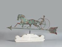 A Molded Copper and Cast Zinc Trotting Horse and Sulky Weathervane