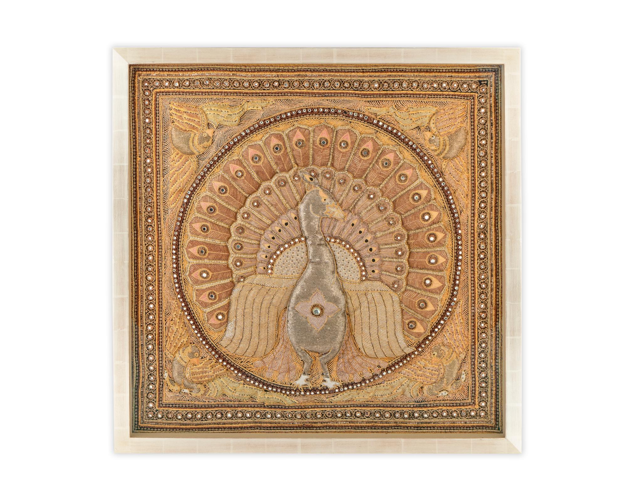 An Indian Silk-Embroidered Peacock Panel