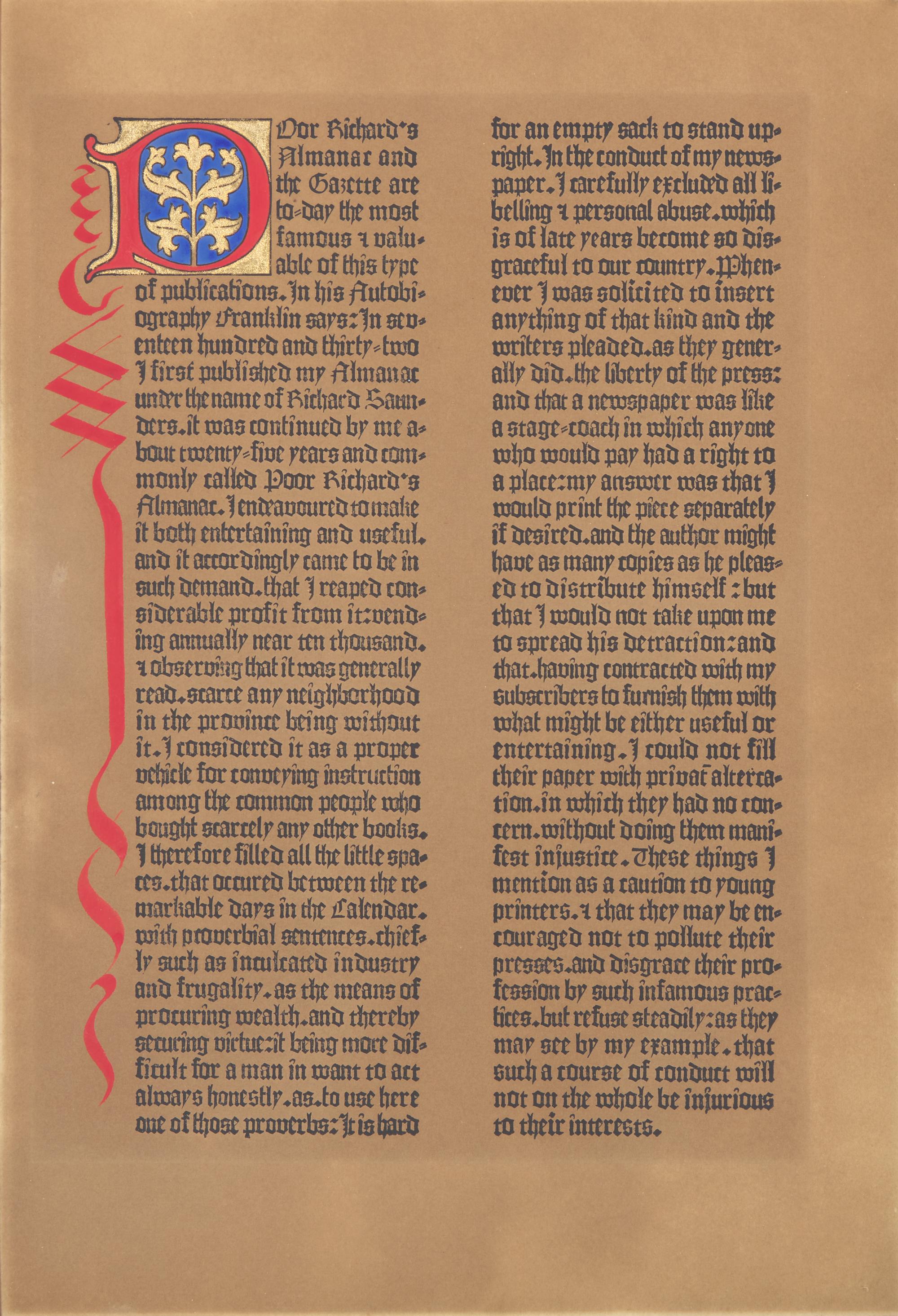 [Americana] [Franklin, Benjamin] Poor Richard's Almanac, leaf printed on the Gutenberg Press