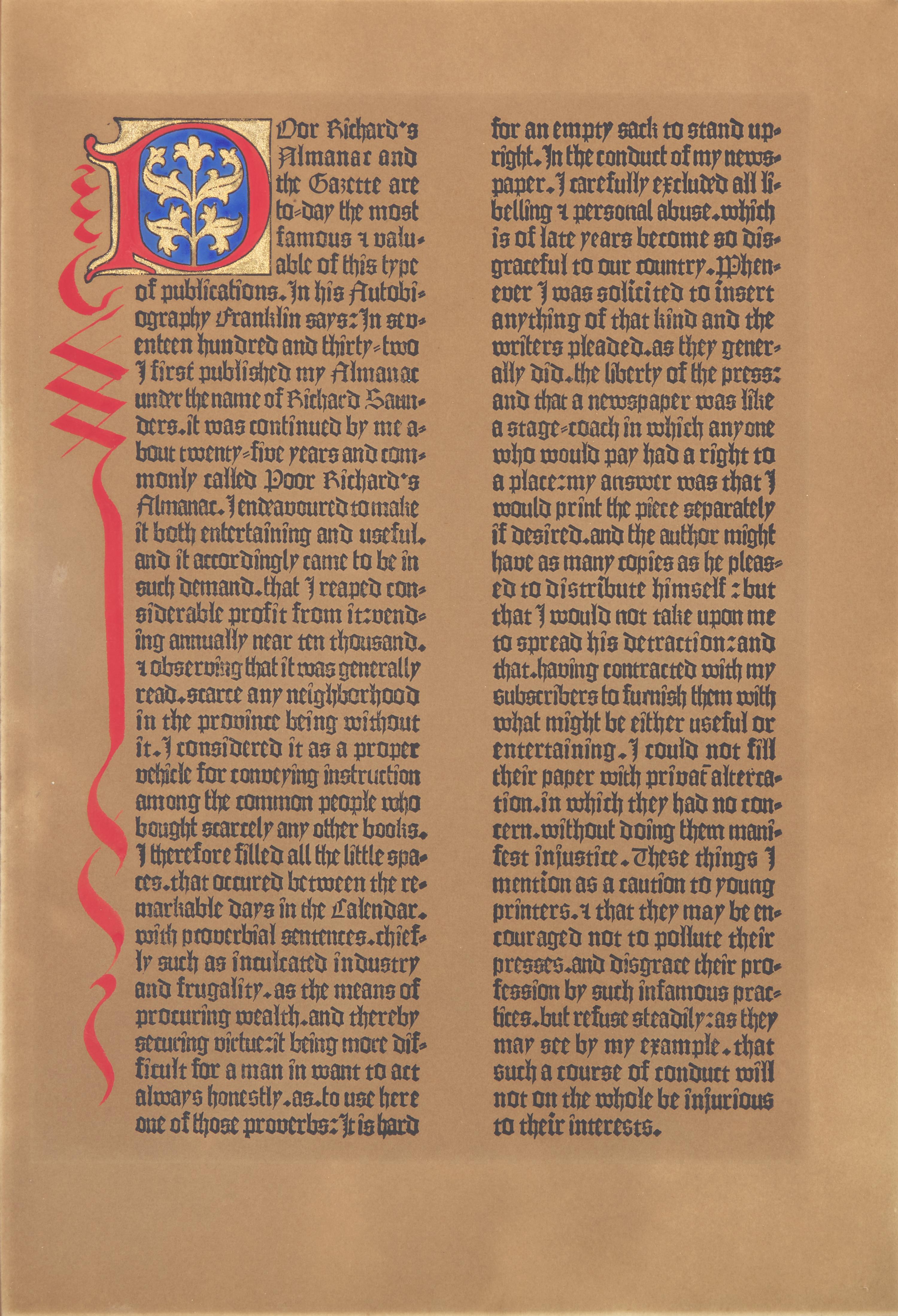 [Americana] [Franklin, Benjamin] Poor Richard's Almanac, leaf printed on the Gutenberg Press