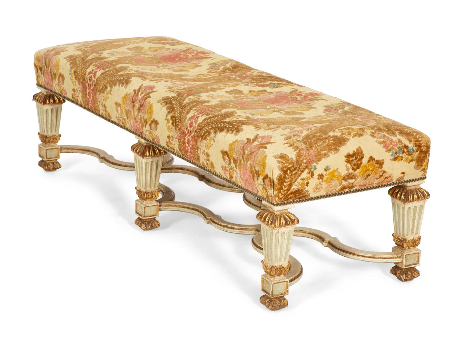 An Italian Painted and Parcel Gilt Bench