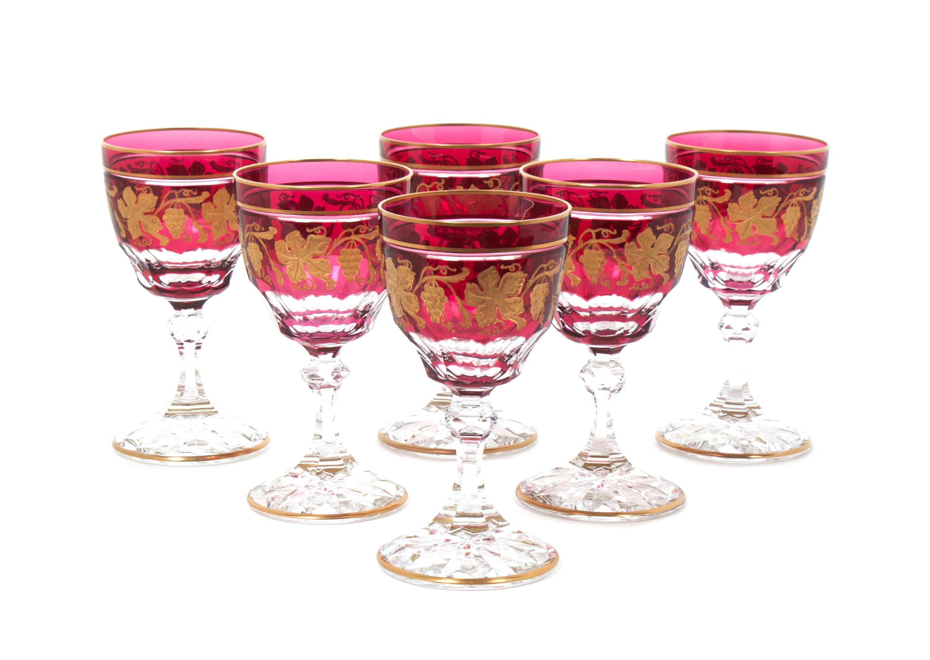A Set of Six Gilt Decorated Ruby Glasses Height 6 3/4 inches. — 20TH CENTURY