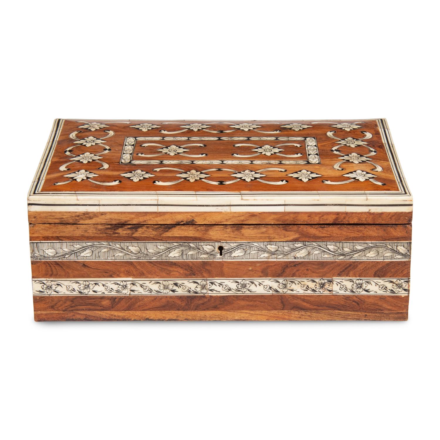 An Anglo-Indian Bone-Inlaid Olive Wood Table Casket