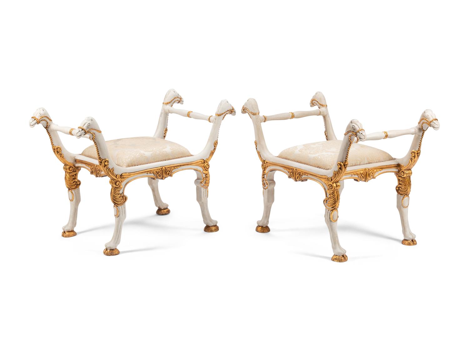 A Pair of Directoire Style White Painted and Parcel Gilt Benches