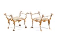 A Pair of Directoire Style White Painted and Parcel Gilt Benches