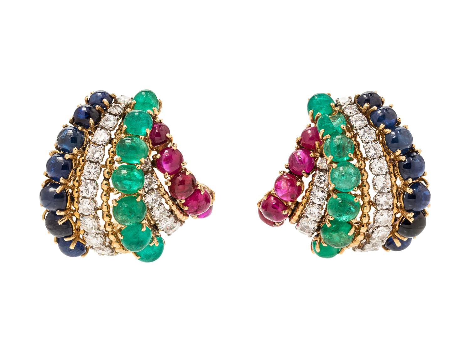 A Pair of 18 Karat Yellow Gold, Platinum, Diamond and Multigem Earclips/Dressclip, Van Cleef & Arpels,