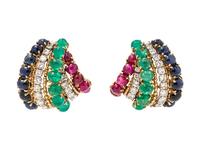 A Pair of 18 Karat Yellow Gold, Platinum, Diamond and Multigem Earclips/Dressclip, Van Cleef & Arpels,