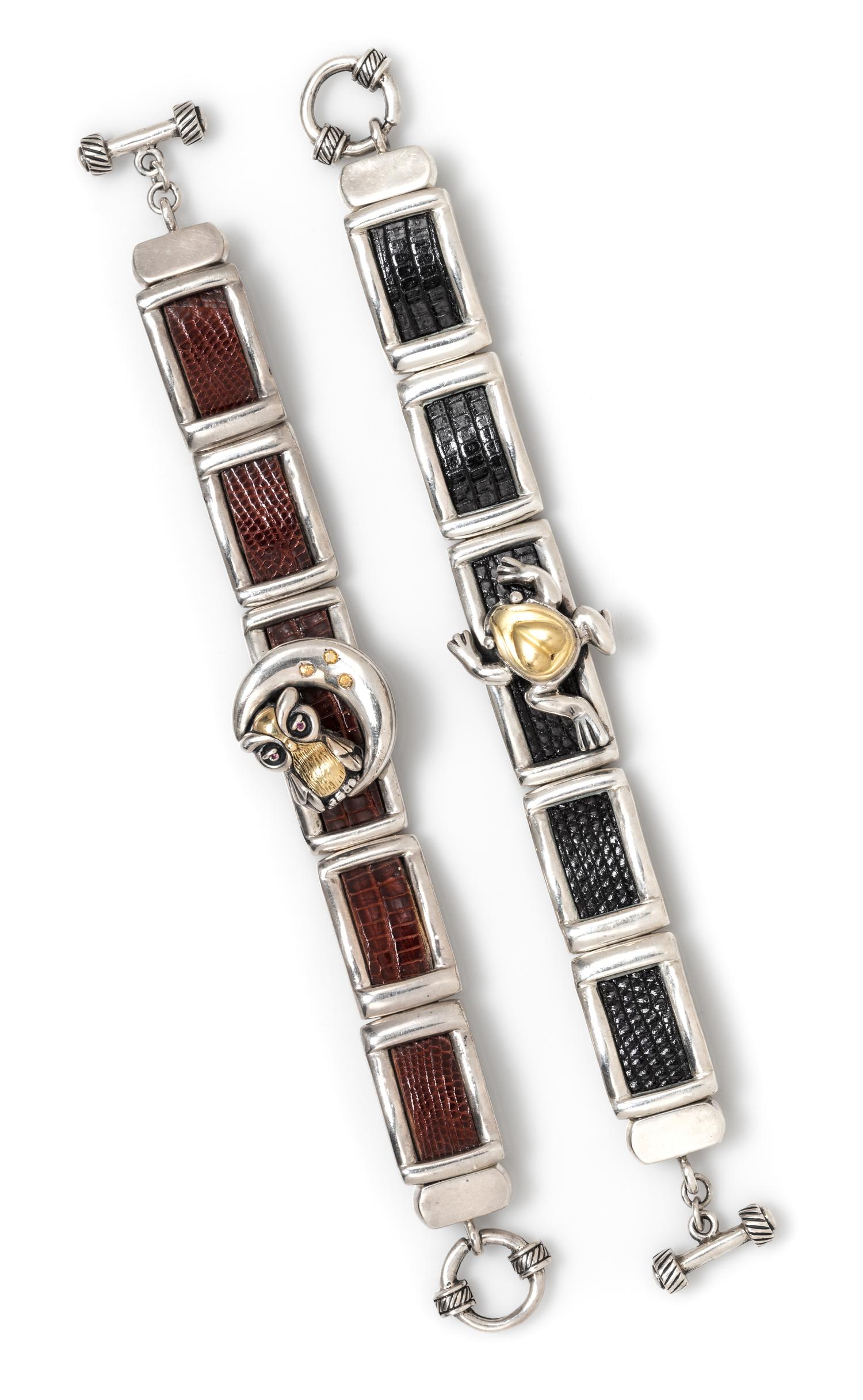 A Collection of Sterling Silver, Yellow Gold and Leather Bracelets, Saint, 93.70 dwts.