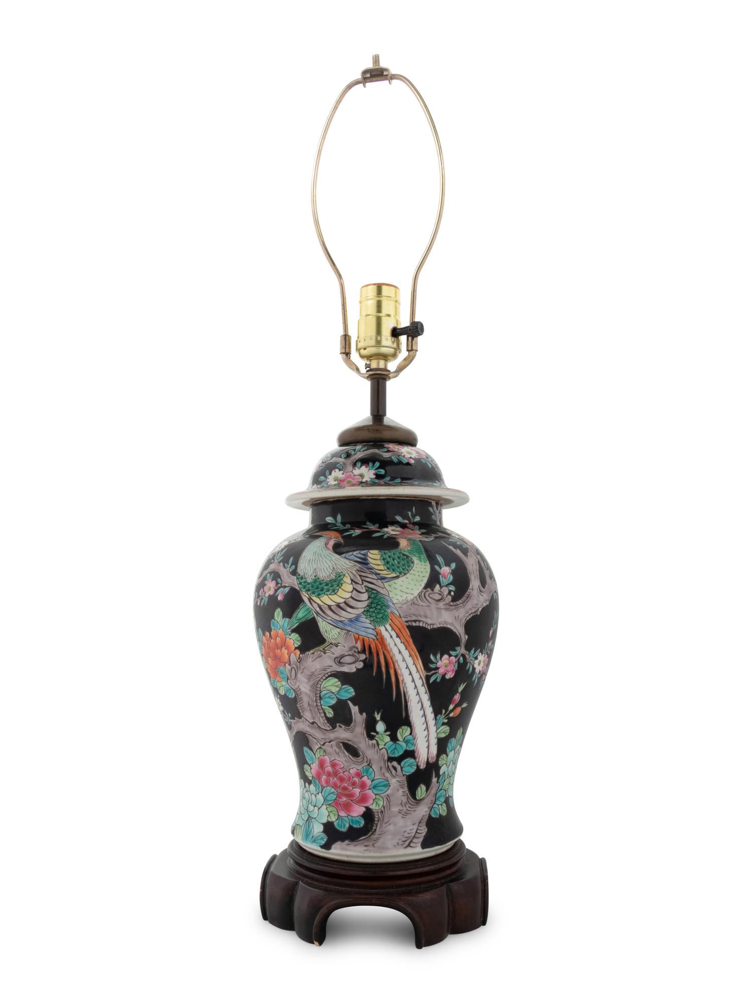 A Chinese Famille Noir Porcelain Jar Mounted as a Lamp