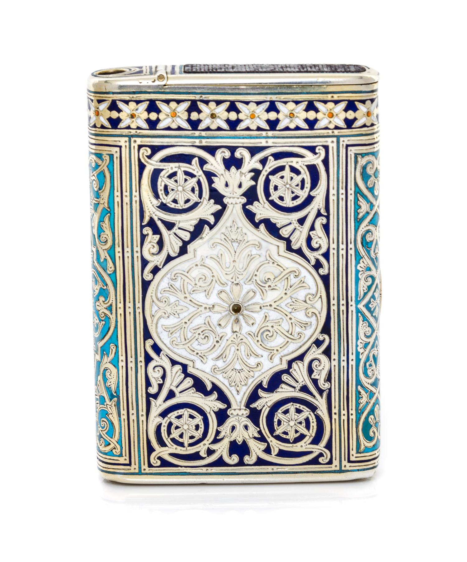 A Russian Silver and Enamel Cigarette Case, Mark of Mikhail Ovchinnikov with Imperial warrant, assay mark of Ivan Konstantinov, Moscow,