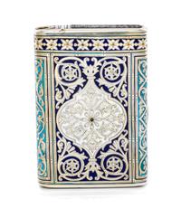 A Russian Silver and Enamel Cigarette Case, Mark of Mikhail Ovchinnikov with Imperial warrant, assay mark of Ivan Konstantinov, Moscow,