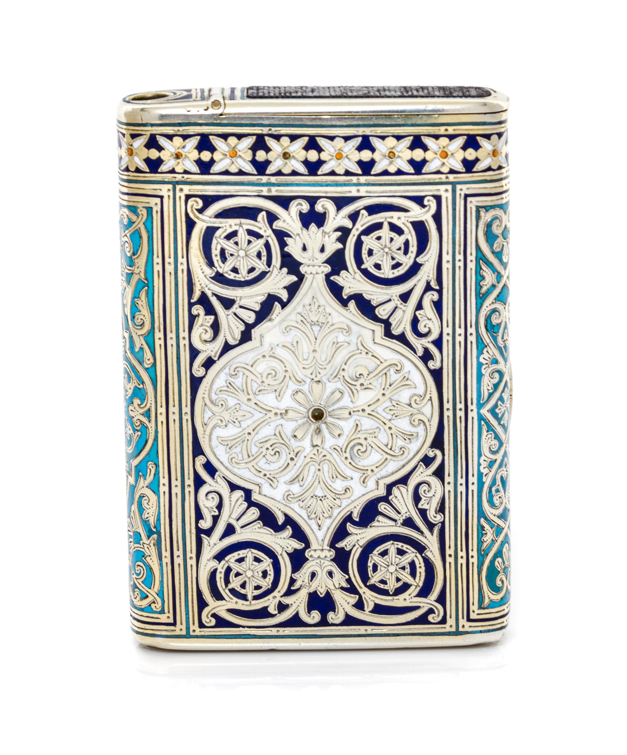 A Russian Silver and Enamel Cigarette Case, Mark of Mikhail Ovchinnikov with Imperial warrant, assay mark of Ivan Konstantinov, Moscow,