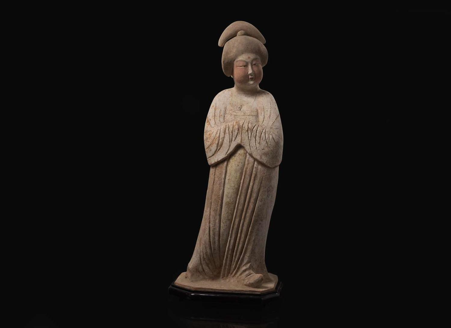 An impressive Chinese painted pottery model of a standing Court Lady, Tang dynasty 彩繪仕女 唐