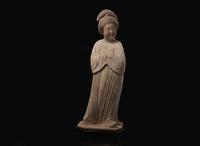 An impressive Chinese painted pottery model of a standing Court Lady, Tang dynasty 彩繪仕女 唐