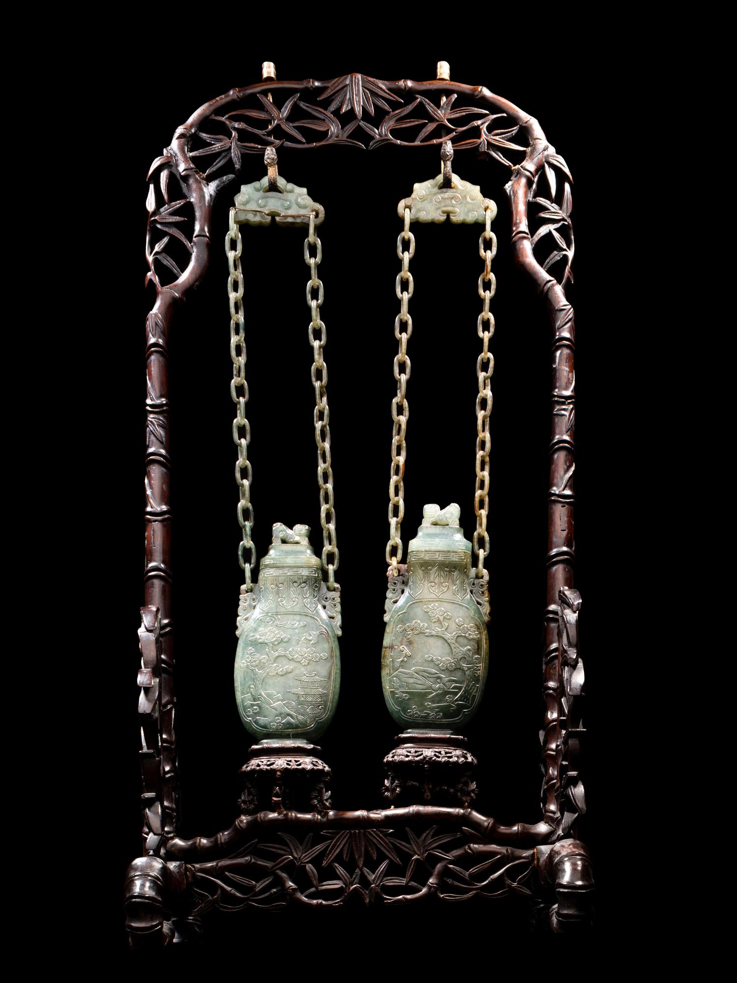 A Pair of Chinese Spinach Jade Covered Vases